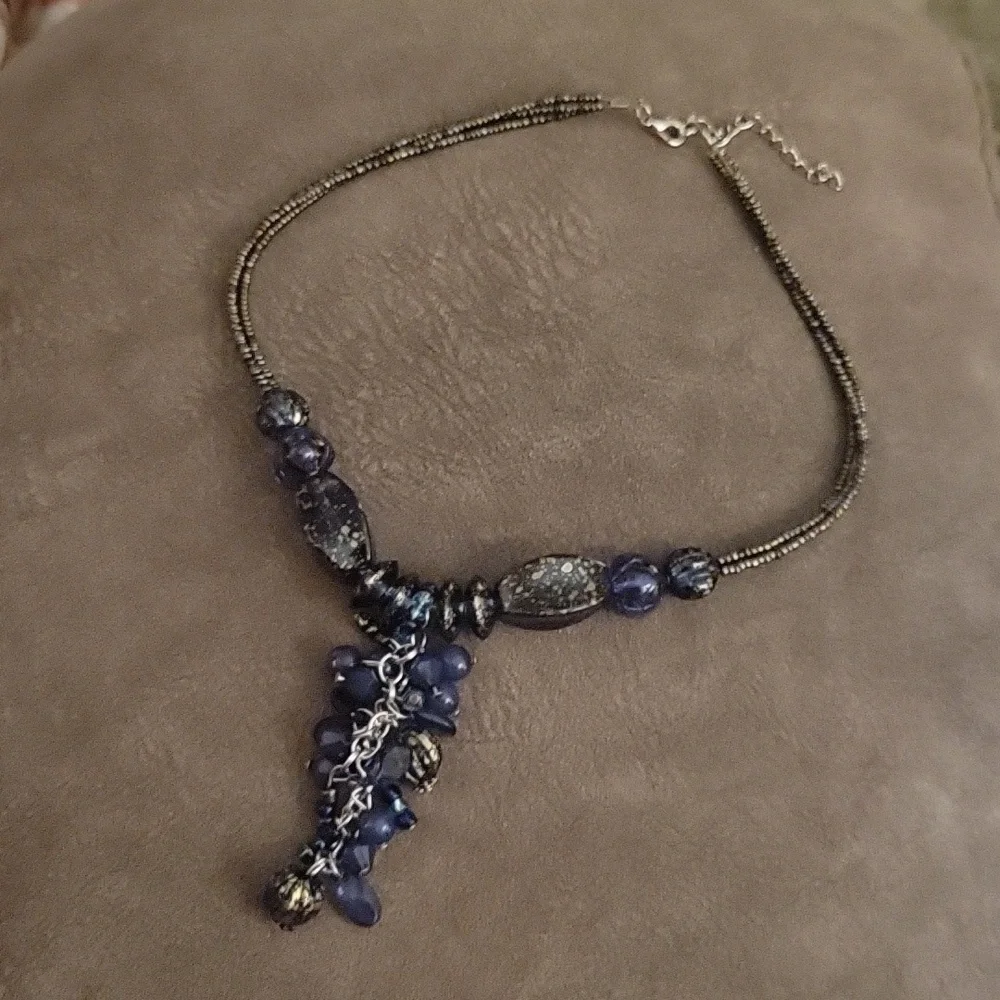 3/$30 VTG Navy Blue Beaded Sautoir Tassel Pendant Lavalier Necklace